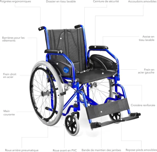 AIESI® Fauteuil Roulant pliable léger à autopousser pour handicapés et les personnes âgées AGILA EVOLUTION, Accoudoirs et repose-pieds amovibles, Ceinture de sécurité, Pompe à air, Garantie 24 mois