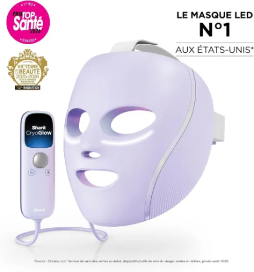 Masque LED Shark CryoGlow avec rafraîchissement du contour des yeux, LED rouge et bleue, Photothérapie par lumière infrarouge, USB-C, Télécommande, Sac de rangement, Sangles réglables Lilas