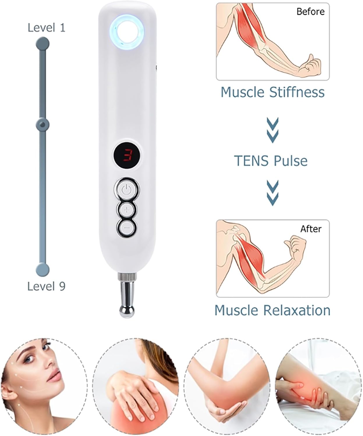 Meridians Electric Stylo d'acupuncture avec 5 têtes de massage – Détection intelligente d'acupoint, 9 niveaux d'intensité – Rechargeable par USB – pour centre de santé