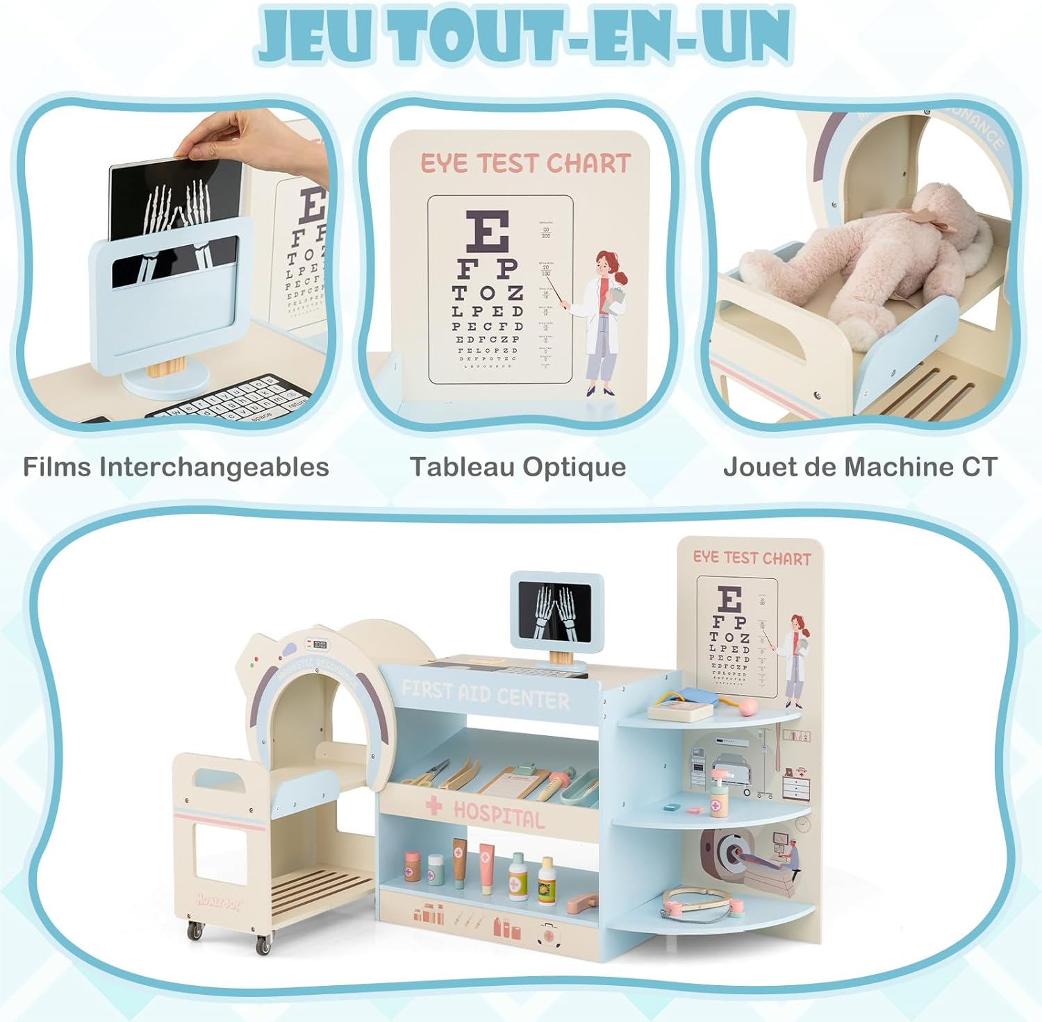 Centre Médical Enfant en Bois avec Machine CT Mobile, Tableau Optique, Films Radiographiques, Cabinet Médical Jouet avec Thermomètre, Stéthoscope, Tensiomètre, Étagère pour 3+ Ans (Bleu)