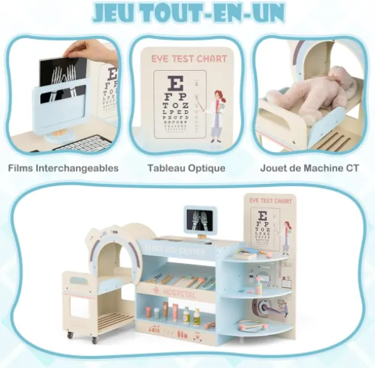 Centre Médical Enfant en Bois avec Machine CT Mobile, Tableau Optique, Films Radiographiques, Cabinet Médical Jouet avec Thermomètre, Stéthoscope, Tensiomètre, Étagère pour 3+ Ans (Bleu)