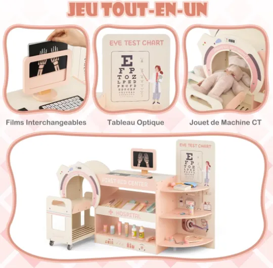 Centre Médical Enfant en Bois avec Machine CT Mobile, Tableau Optique, Films Radiographiques, Cabinet Médical Jouet avec Thermomètre, Stéthoscope, Tensiomètre, Étagère pour 3+ Ans (Rose)