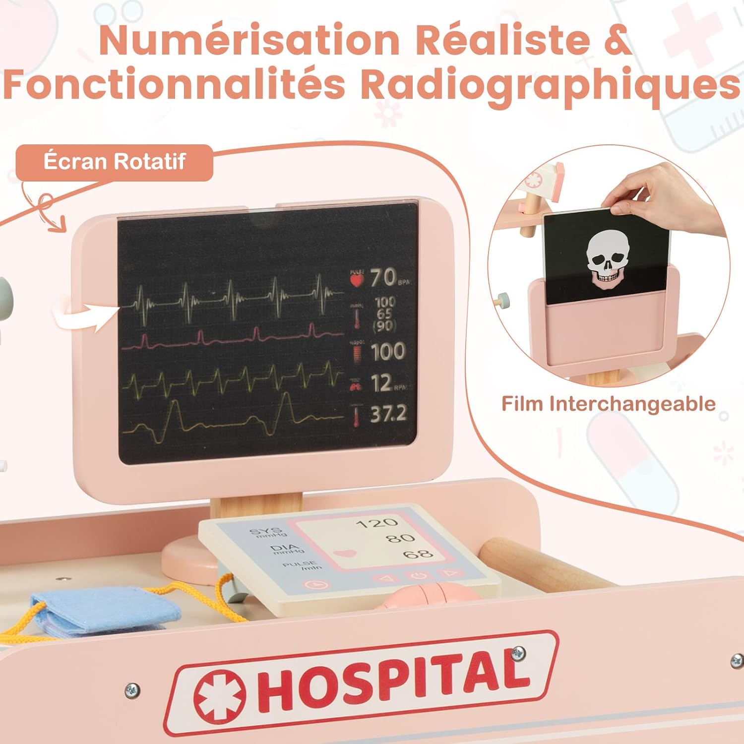 Centre Médical Enfant en Bois avec Machine CT et Films Radiographiques, Chariot Médical Enfant Rose avec 23 Accessoires, Thermomètre Stéthoscope Tensiomètre, Kit de Docteur pour 3 Ans+