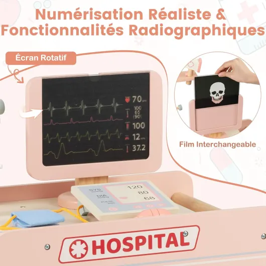 Centre Médical Enfant en Bois avec Machine CT et Films Radiographiques, Chariot Médical Enfant Rose avec 23 Accessoires, Thermomètre Stéthoscope Tensiomètre, Kit de Docteur pour 3 Ans+