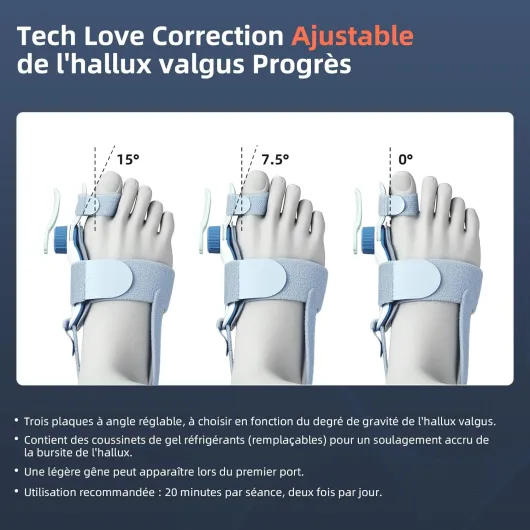 Tech Love Orthèse Hallux Valgus avec Coussin Rafraîchissant, Réglage du Bouton Correcteur Hallux Valgus Avec 3 Angles De Fixation Pour Orteils Séparateur D'orteils Jour Et Nuit Unisexe Bleu 1PCS