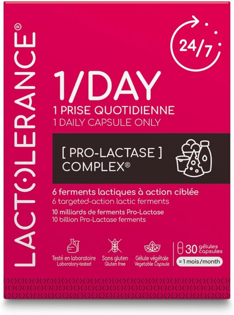 LACTOLERANCE 1/DAY I Précurseur de Lactase I Protection 24h/24-1 seule gélule par jour - Améliore la digestion du lactose - Tout niveau d'intolérance - 1 mois de traitement microbiotique 30 unité (Lot de 1)