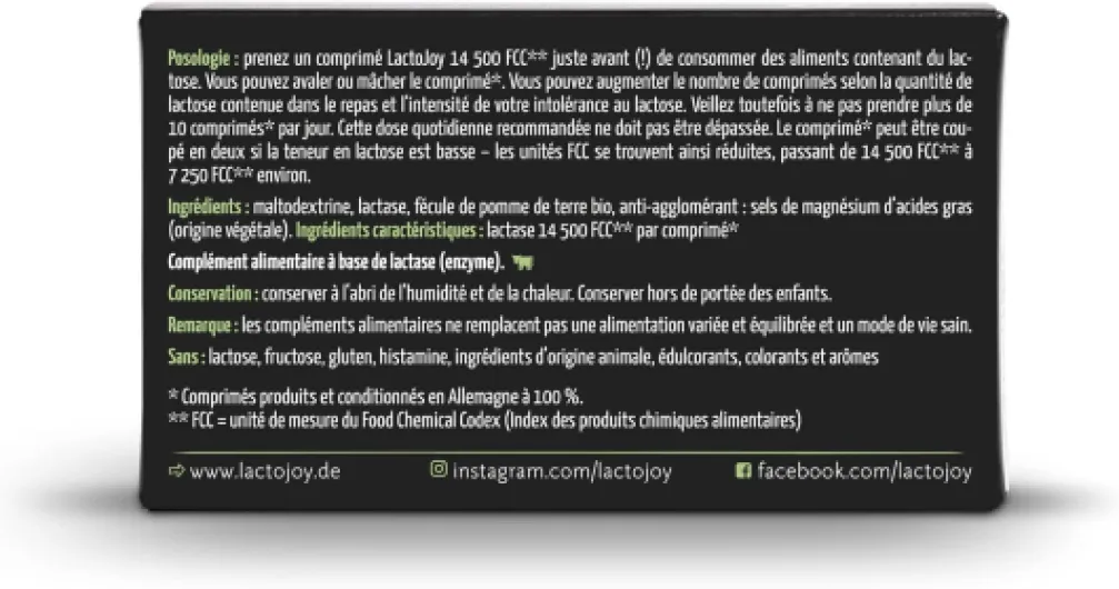 Comprimés de Lactase 14 500 FCC I Combat l'Intolérance au Lactose I Contient 80 Pcs - I 100% Végétale I Favorise la Digestion du Lactose I Sans Produits Chimiques