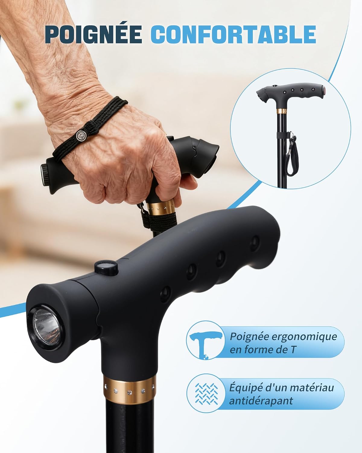 Canne de Marche Pliable, Canne Légère et Portable avec - Base Pivotante 360° Poignée en T, Résistant 115kg, Réglable 85-95cm LED pour Adultes et Seniors