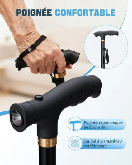 Canne de Marche Pliable, Canne Légère et Portable avec - Base Pivotante 360° Poignée en T, Résistant 115kg, Réglable 85-95cm LED pour Adultes et Seniors