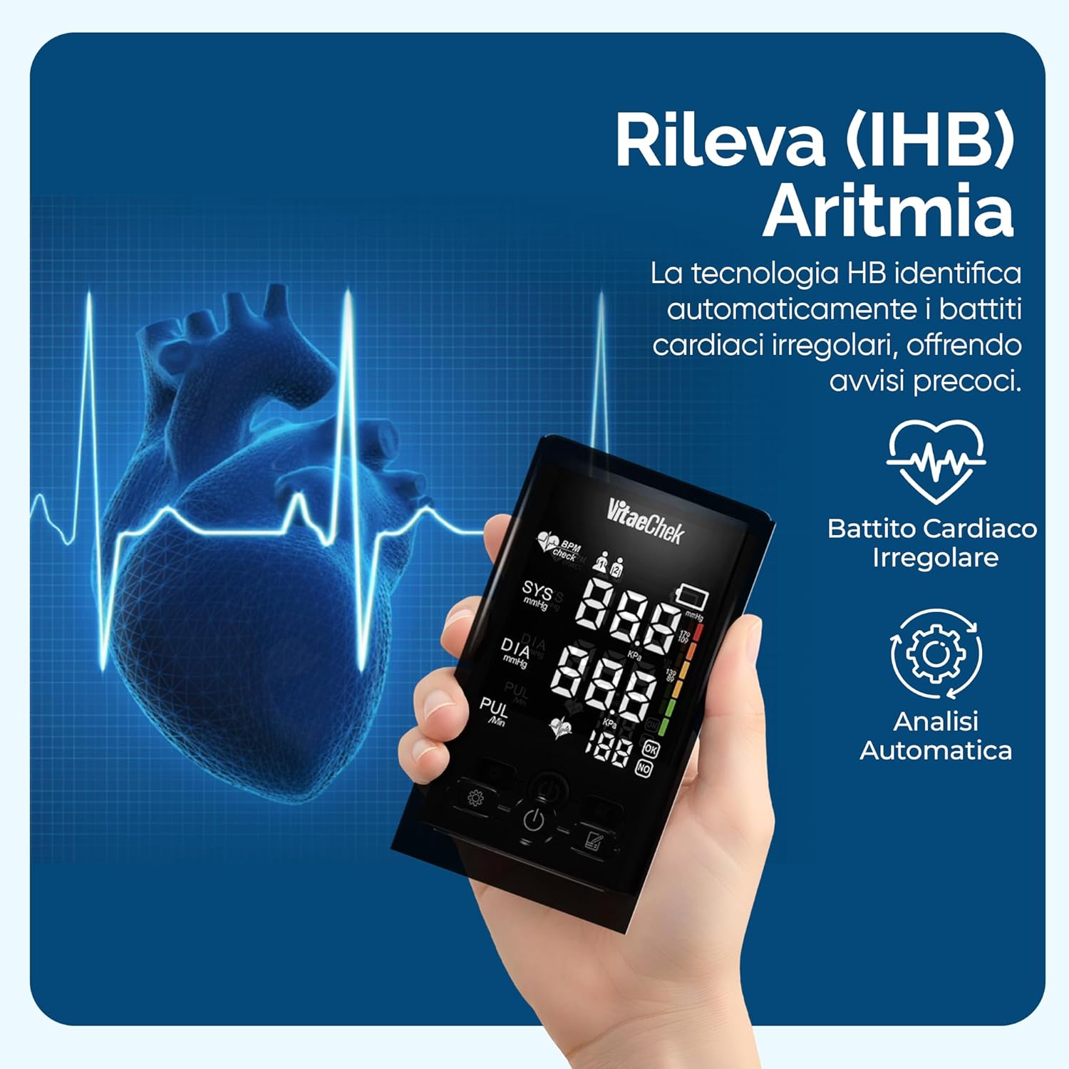 Tensiomètre VitaeChek, tensiomètre numérique au bras avec brassard réglable, invite vocale, tensiomètre avec écran LED HD, détection de rythme cardiaque irrégulier.