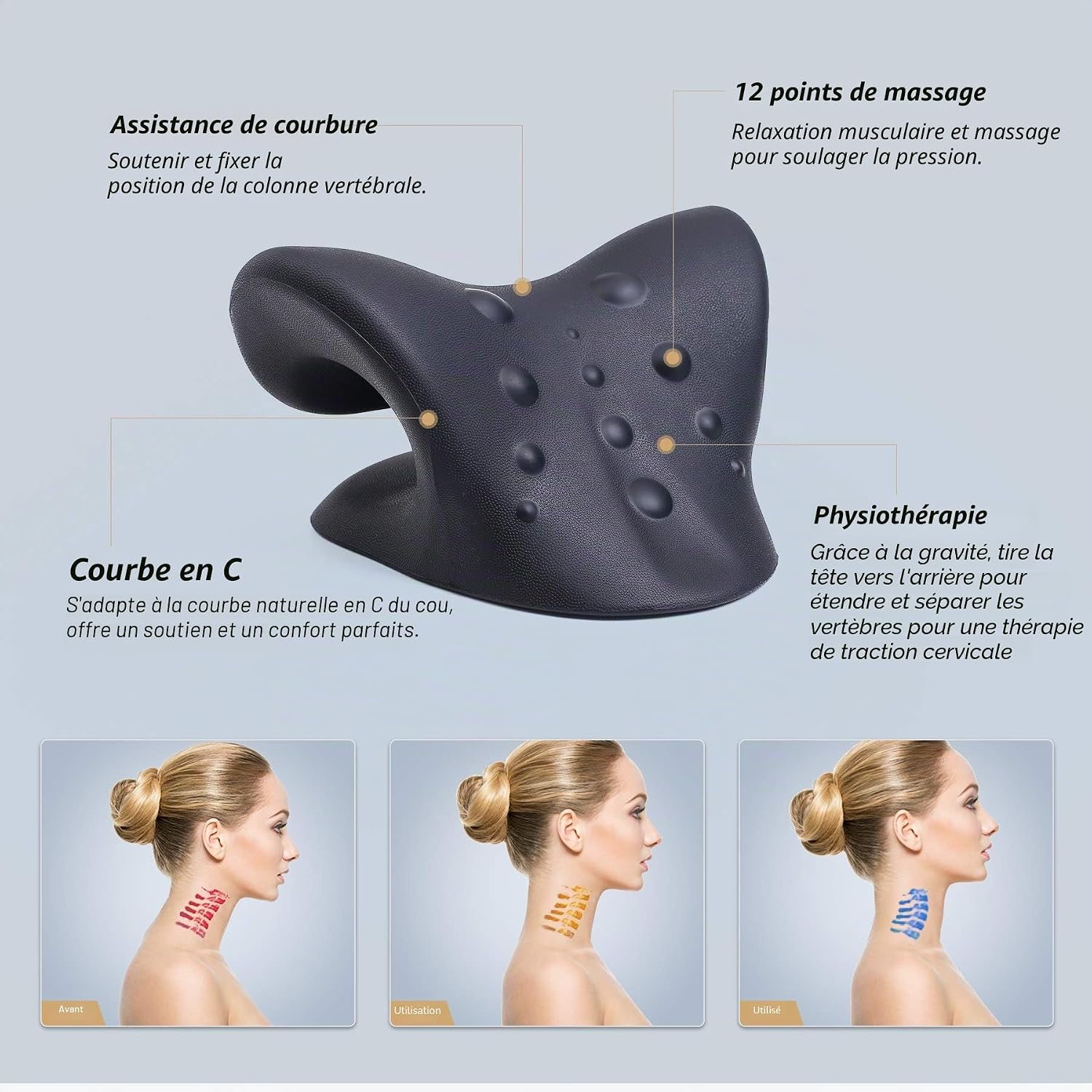 Cozyhealth Écarteur de cou pour soulager les douleurs cervicales, relaxant du cou et des épaules, dispositif de traction cervicale, oreiller pour soulager la douleur de l'ATM (noir)