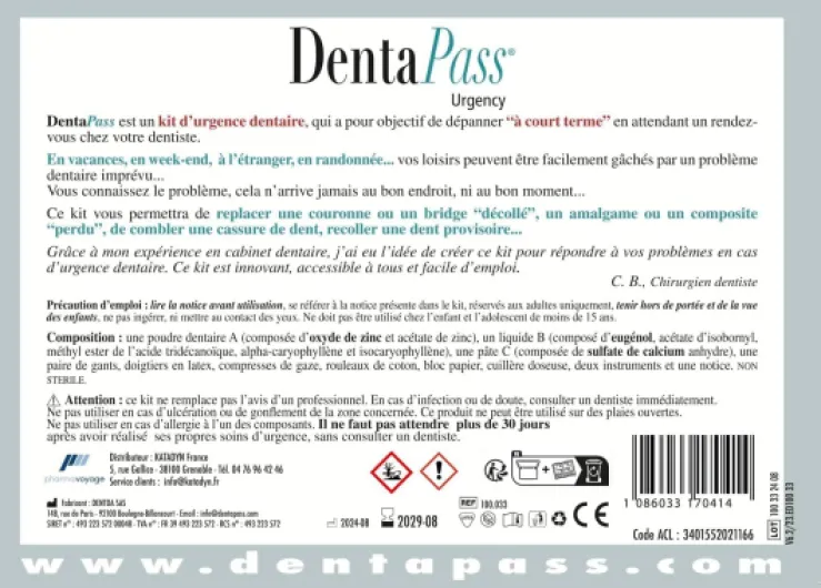 Kit Urgence Dentaire Indispensable – Pansement Dentaire & Ciment Dentaire – Soulage les Douleurs Dentaires – Réparation Dentaire Provisoire – Certifié CE – Entreprise Française (Français)
