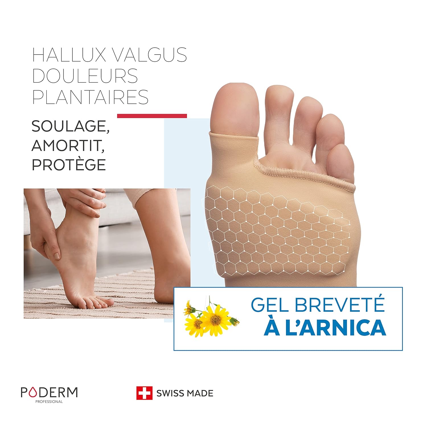 HALLUX VALGUS/DOULEURS PLANTAIRES DOUBLE PROTECTION GEL ARNICA BREVETÉ - Orthèse Pied – Amortit/Soulage immédiatement la douleur – Anti callosité - Actifs 100% Naturels – Swiss Lab Taille L