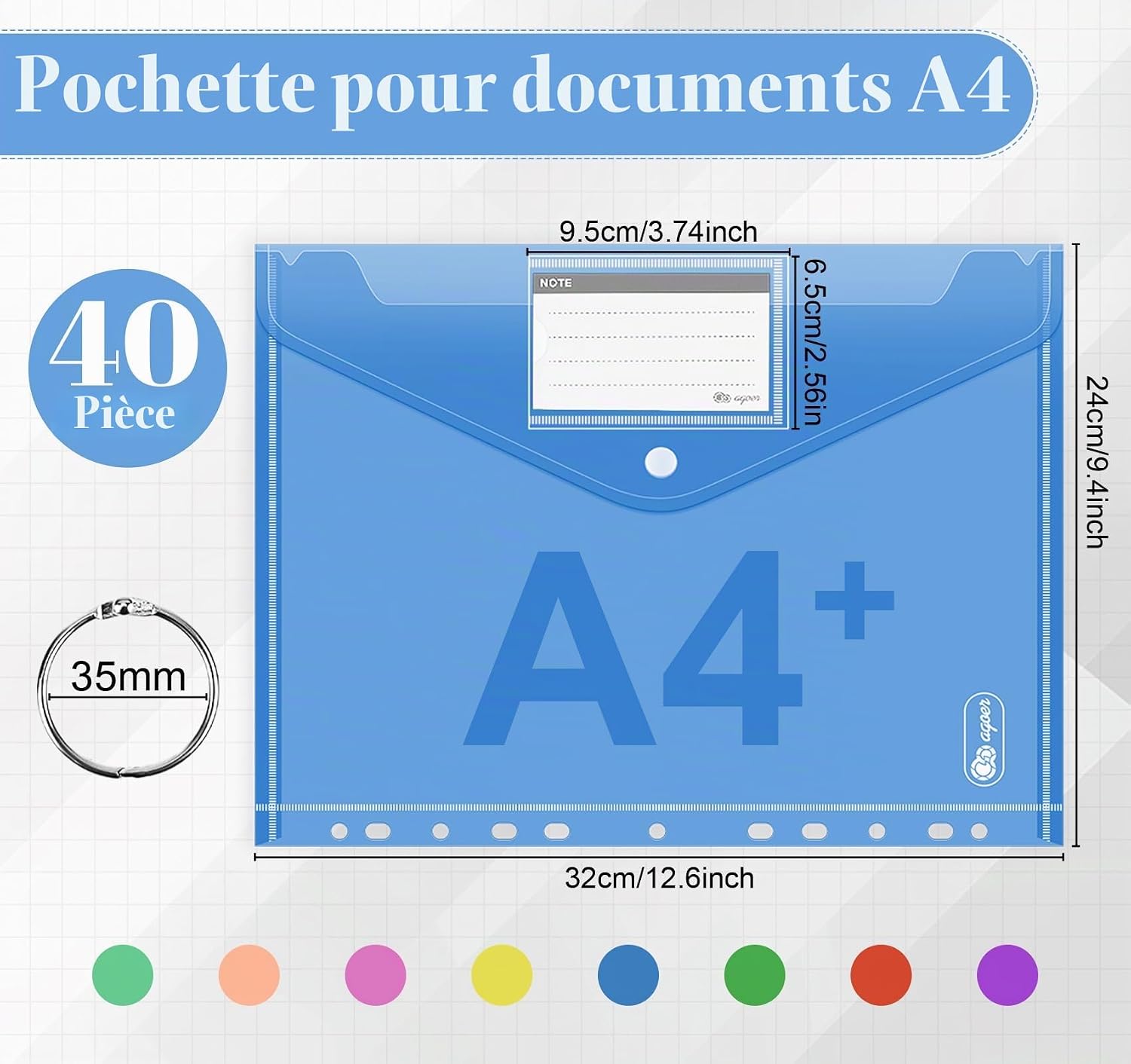 Lot de 40 Pochettes Plastique A4 – 8 couleurs assorties avec 11 trous, enveloppes transparentes avec bouton pression et poches pour étiquettes pour le bureau, l'école et la maison 40 Pcs - 8 Couleurs