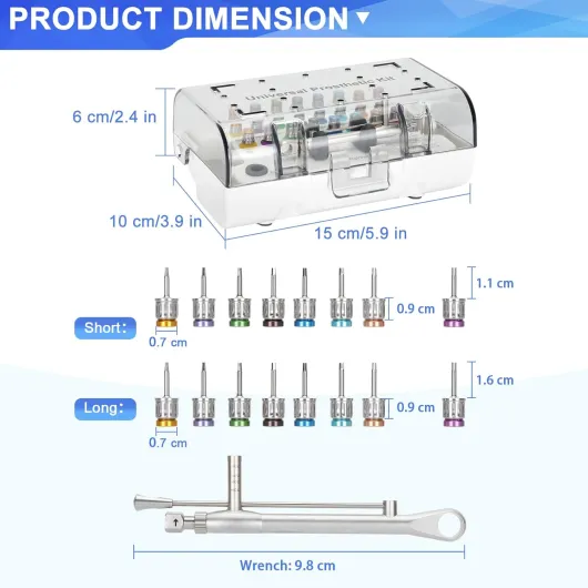 Kit universel de clés dynamométriques pour implant dentaire avec tournevis à cliquet réglable à couple réglable, 16 pièces, entièrement autoclavable, 10-70 Ncm, sécuriser/démonter les restaurations