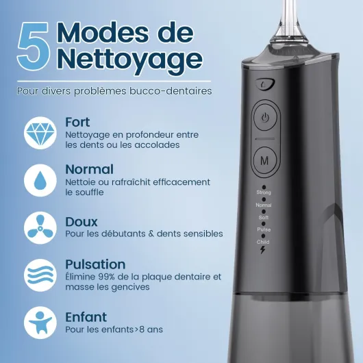 VIMMK Jet Dentaire Hydropulseur et Irrigateurs Oral avec 5 Modes de Pression d'eau et 8 Embouts Remplaçables, Rechargeable et Étanche IPX7, Réservoir 300ML (Noir)