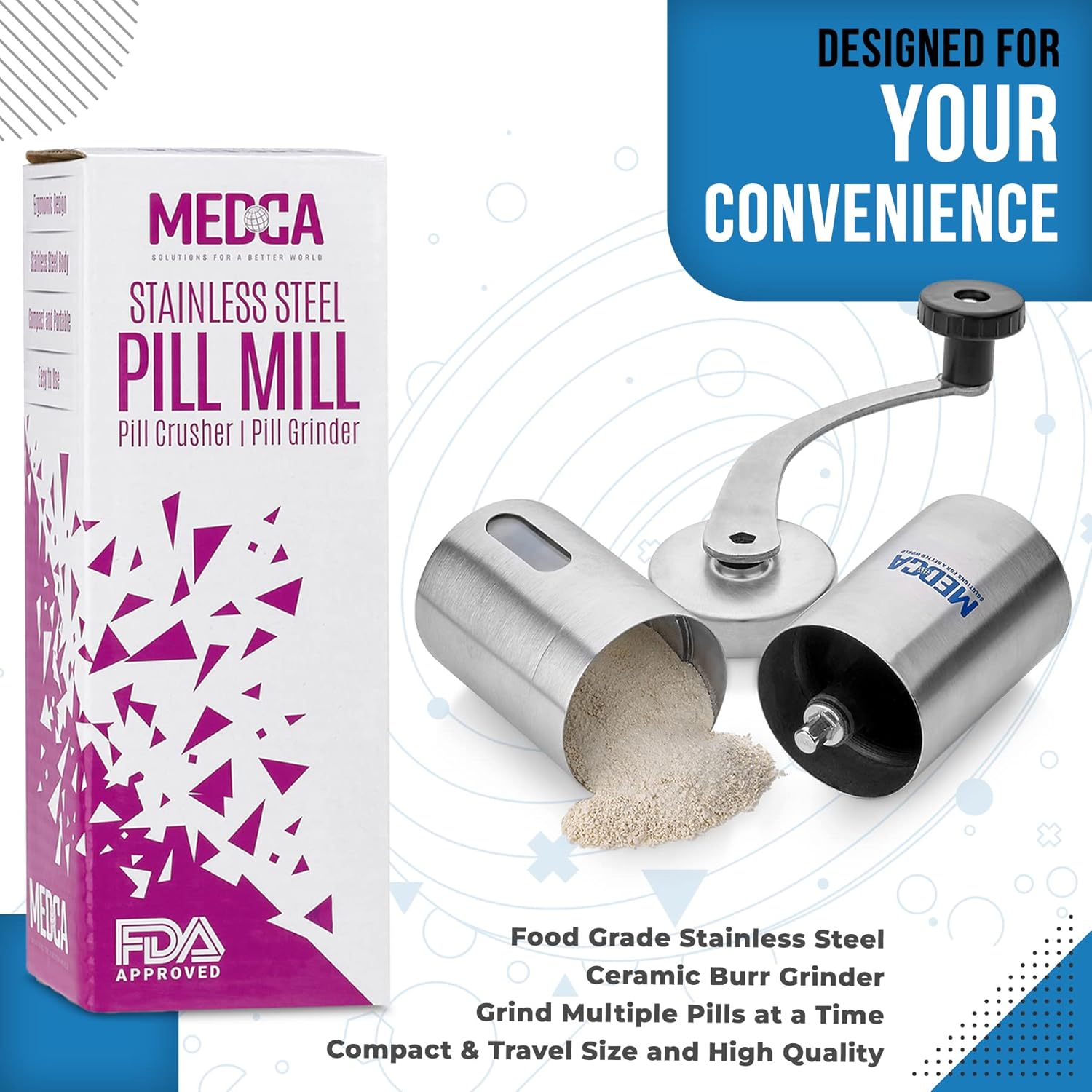 Broyeur de Comprimés - Moulin à Écraser les Médicaments Pill Mill en Acier Inoxydable pour Faciliter la Prise de vos Cachets & Pilules