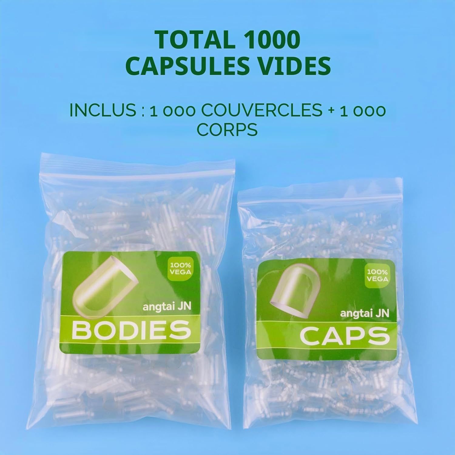 Capsules Vides Végétales Séparées Taille 00 (1000 unités), Gélules vides à Remplir, Compatible avec la Machine de Remplissage de Capsules 00 00 1000 Unités (Lot de 1)