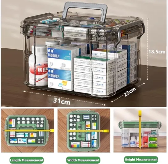 Boite Rangement Medicament 2 Couches, Boîte à Médicaments,boîte à Pharmacie en Plastique Transparent Visible avec poignées,Rangement de la boîte à médicaments à la Maison Gray
