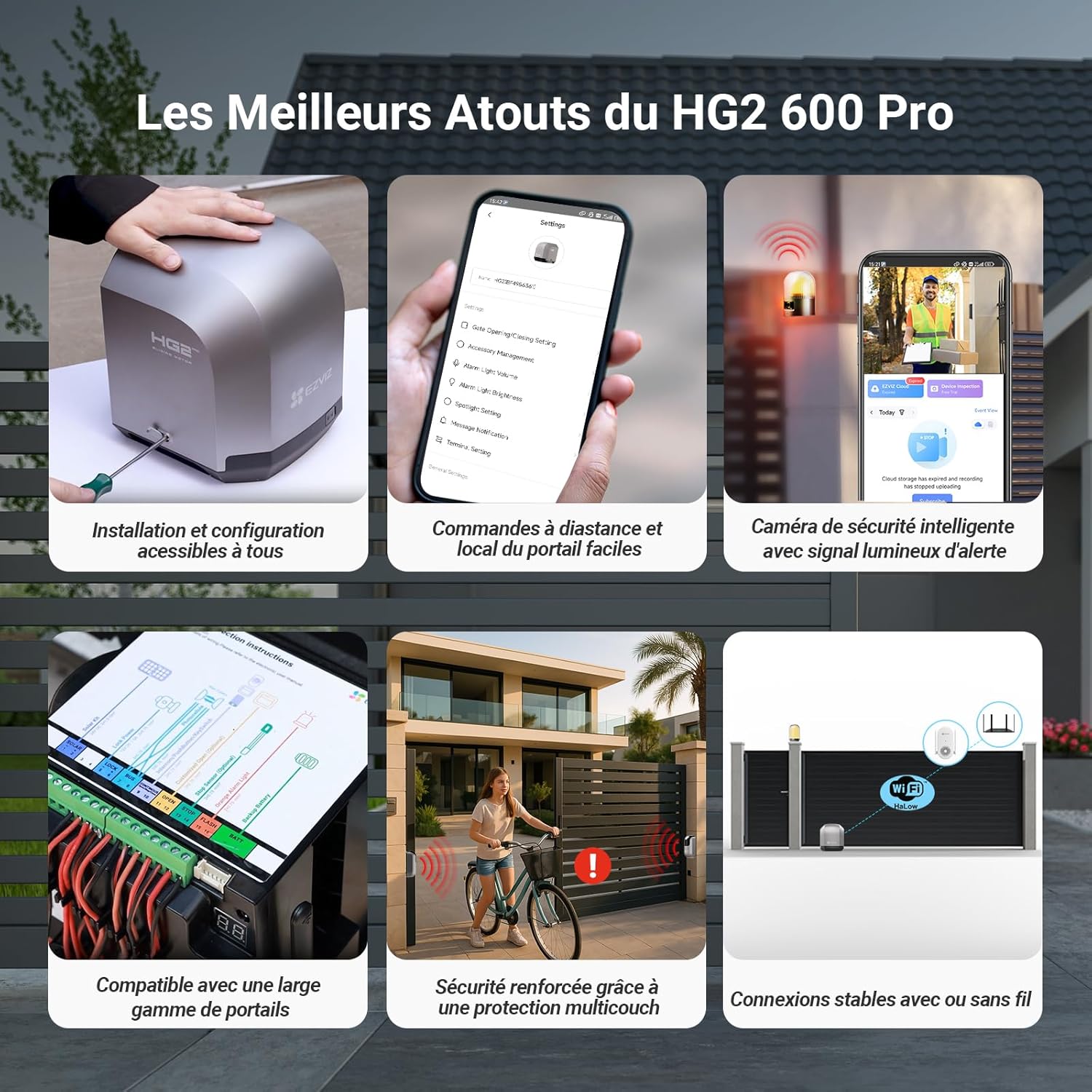 Moteur portail coulissant,600 kg,Ouvre Portail Auto,Vantaux max 8m, Caméra 2K d'alarme,Détection d'obstacles,Batterie de secours,Télécommandes&Contrôle APP, Facile à installer, HG2 600 Pro