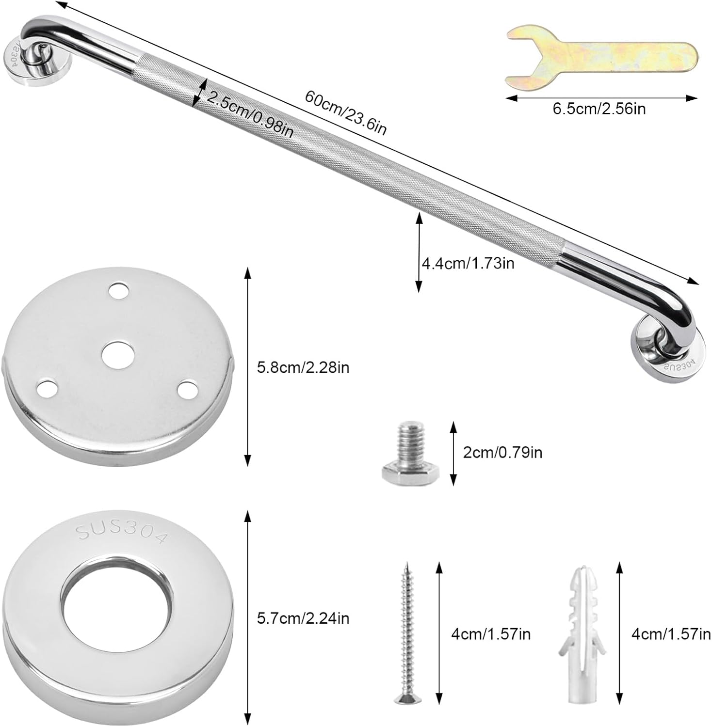 Sunzone Barre d'Appui Douche, SUS304 Inox, Antidérapante,Seniors,60cm - 2Pcs,Barres d'Appui de Salle de Bain,pour Douche, Baignoire,Montage Facile, Anti Rouille,pour Handicapées Argent 60CM(Pack of 2）
