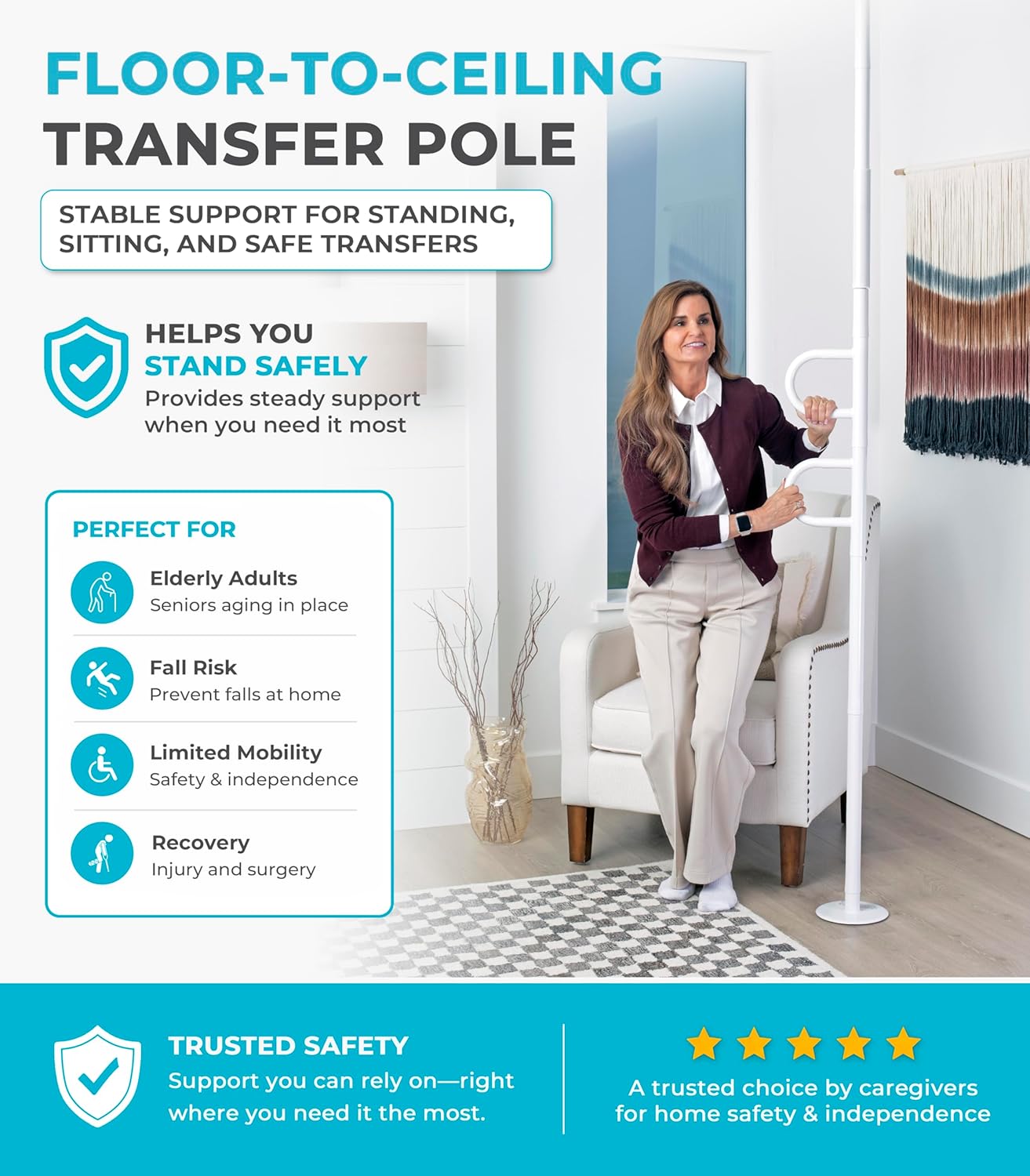 Barre d'appui à double poignée du sol au plafond, poteau de transfert monté sur tension pour personnes âgées, aide au support pour salle de bain, chambre à coucher, salon, rail de sécurité Blanc