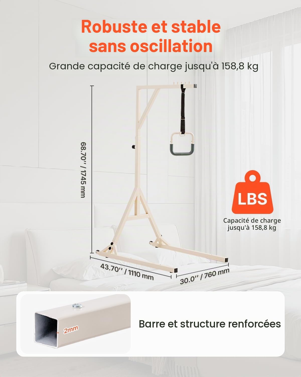 Potence de Lit, Barre Trapèze de Lit Réglable en Hauteur avec 2 Roues, Capacité 158,7 kg, Aide à se Lever pour Personnes Âgées, Handicapées, Alités, Hôpital, Maison de Retraite, Soins à Domicile 1110 x 760 x 1745 mm