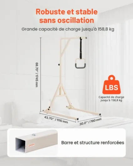Potence de Lit, Barre Trapèze de Lit Réglable en Hauteur avec 2 Roues, Capacité 158,7 kg, Aide à se Lever pour Personnes Âgées, Handicapées, Alités, Hôpital, Maison de Retraite, Soins à Domicile 1110 x 760 x 1745 mm