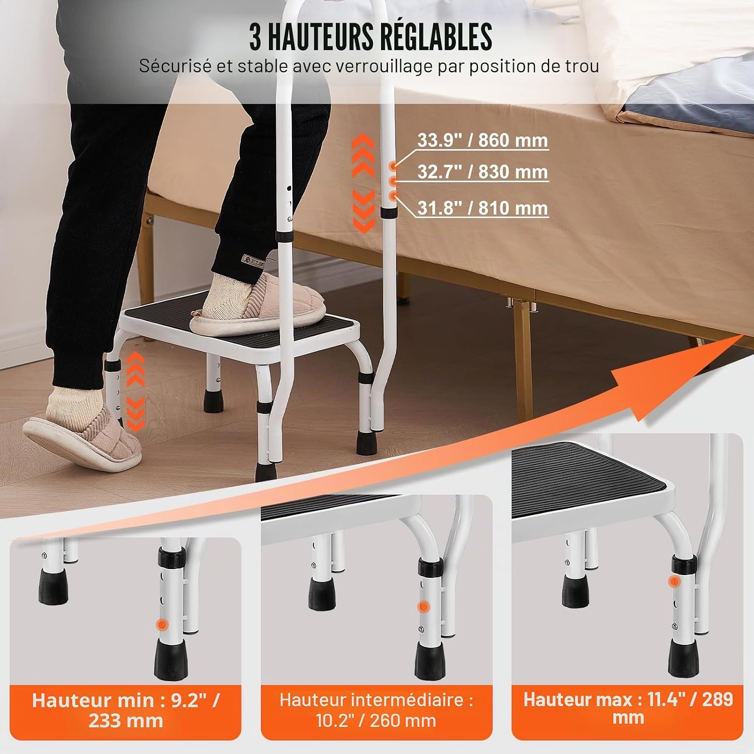 Marchepied 1 Marche Capacité 150 kg Marche Pied en Acier 3 Hauteurs Réglables avec Poignée Tabouret Antidérapant Portable pour Tout-petits, Adultes, Bureau, Camping-cars, Salles de Bains, Maison 1-Step Dimensional
