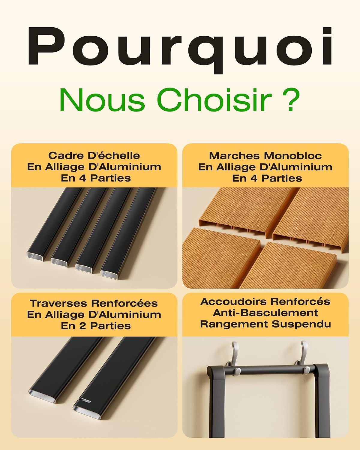 Escabeau à 4 marches avec main courante, pliable, capacité de 150 kg avec pédale antidérapante, marchepied portable en aluminium, facile à ranger, intérieur et extérieur, aspect esthétique Aspect Bois Noir 4 Marches
