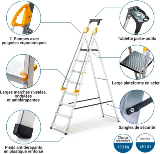 HOSTRÖM Escabeau 8 marches DURAMP sécurisé avec rampes, Tablette Porte-Outils, marchepied Pliable Aluminium, Hauteur Plateforme 162cm, Garantie 5 Ans