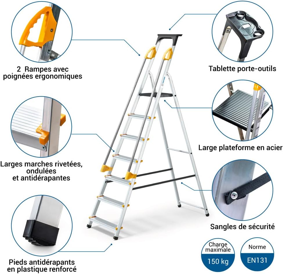 HOSTRÖM Escabeau 7 marches DURAMP sécurisé avec rampes, Tablette Porte-Outils, marchepied Pliable Aluminium, Hauteur Plateforme 140cm, Garantie 5 Ans