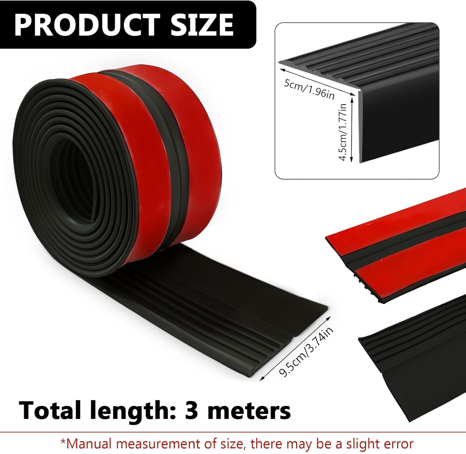 Nez de marche autocollant en PVC de 300x9.5cm - Protection antidérapante - Étanche - En forme de L - Pour l'extérieur et l'intérieur 3M Noir