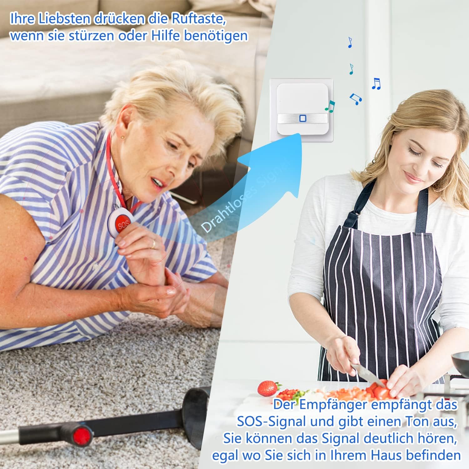 Bracelet Alarme Personne Agee,Alarmemaisonsansfil,Systeme Alarme Maison Sans Fil,Alarme Personne Agee Avec 52 Sonneries et 4 Niveaux de Volume, Adapté aux Personnes âgées, malades, Handicapées