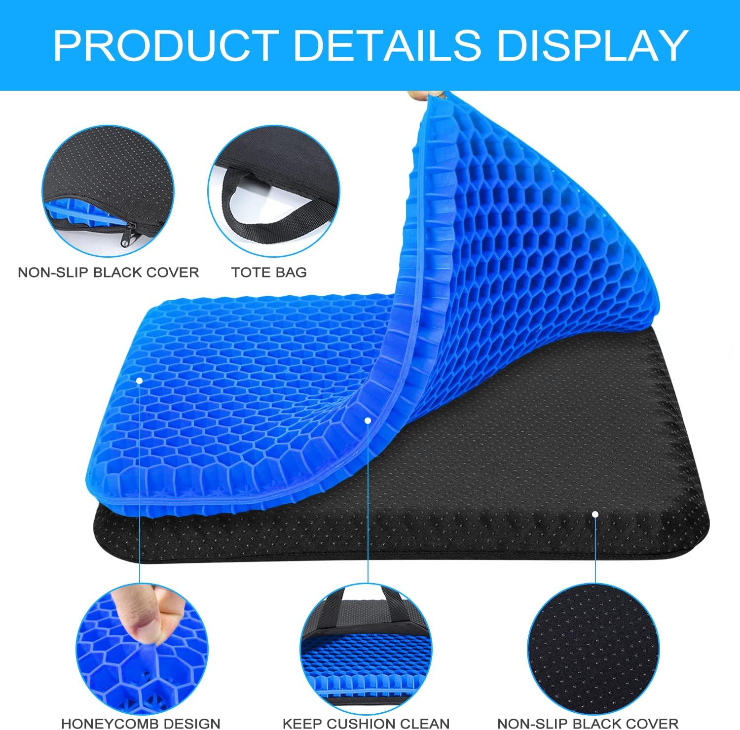 Coussin de Siège en Gel, Coussin de Gel Respirant, Coussin Anti Escarres, Soulage la Pression sur Le Orthopédique avec Housse Antidérapant pour Voiture/Bureau/Maison/Fauteuil Roulant Bleu-xl