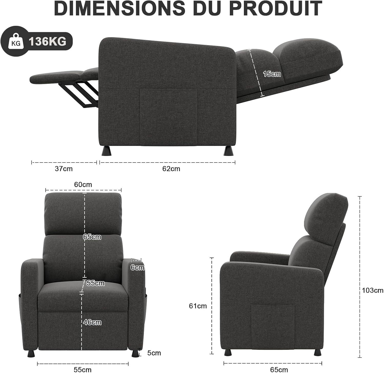 Fauteuil de Relaxation, Fauteuil Relax Électrique avec Dossier Réglable et Repose-Pieds Extensible, Fauteuil Inclinable pour Chambre, Salon et Home cinéma, télécommande Gris