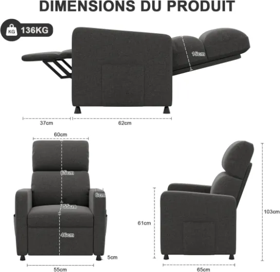 Fauteuil de Relaxation, Fauteuil Relax Électrique avec Dossier Réglable et Repose-Pieds Extensible, Fauteuil Inclinable pour Chambre, Salon et Home cinéma, télécommande Gris