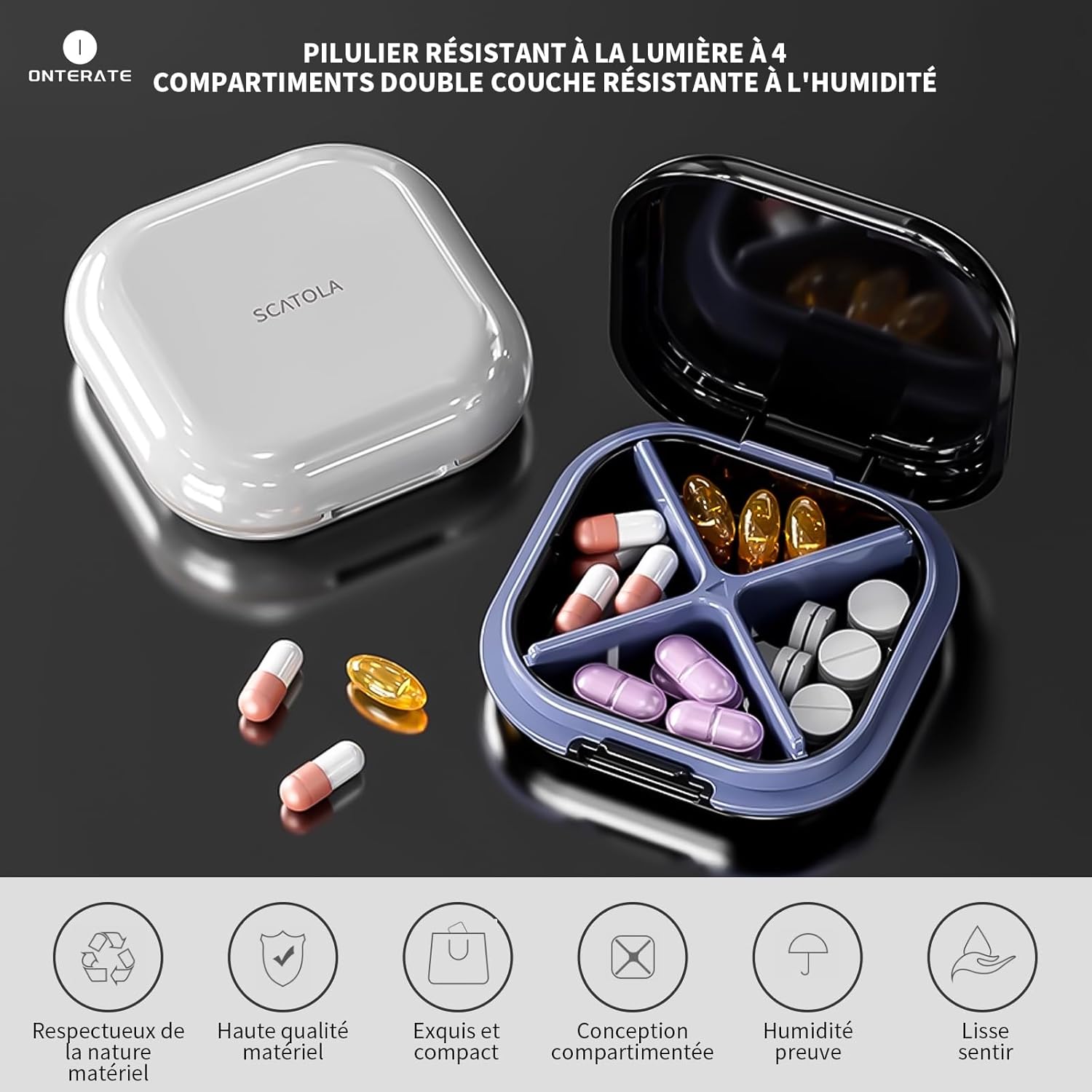 Pilulier Quotidien 4 Compartiments, Pilulier de Voyage Portable, Boîte à Pilules pour Poche de sac à Main, Organisateur de Médicaments de Voyage Compact pour Vitamines, Suppléments (Noir)