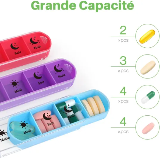 Opret Pilulier Semainier Français (Matin, Midi, Soir et Nuit) - Empilables Tour à Médicaments 7 Jours 28 Compartiments 4 Fois, pour Vitamines Suppléments Pilules (Noire) Coloré-noir