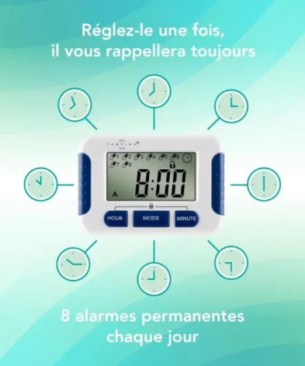 Timer (mode d'emploi en Français), Multi-alarmes de rappel à medicaments, jusqu'à 8 alarmes journalières, outil indispensable pour les personnes atteintes de Parkinson