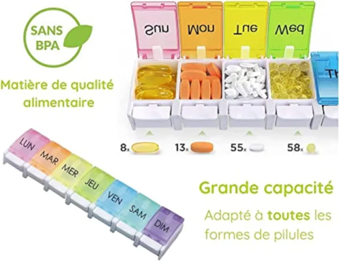 Pilulier Semainier FRANCAIS 7 jours - Pilules, Medicament Pour chaque jour de semaine - Rangement Grande capacité - Ouverture facile -Ideal Voyage- Accessoire médicaux Arc-en-ciel Sans BPA SIMPLE 7 JOURS