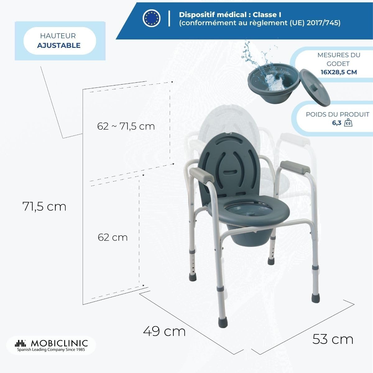 ®, Chaise Percée, Réglable en 5 Hauteurs, Arroyo, avec Couvercle, Seau Amovible, Embouts Antidérapants, Accoudoirs, Supporte Jusqu'à 100 kg, Pot, Acier Unique