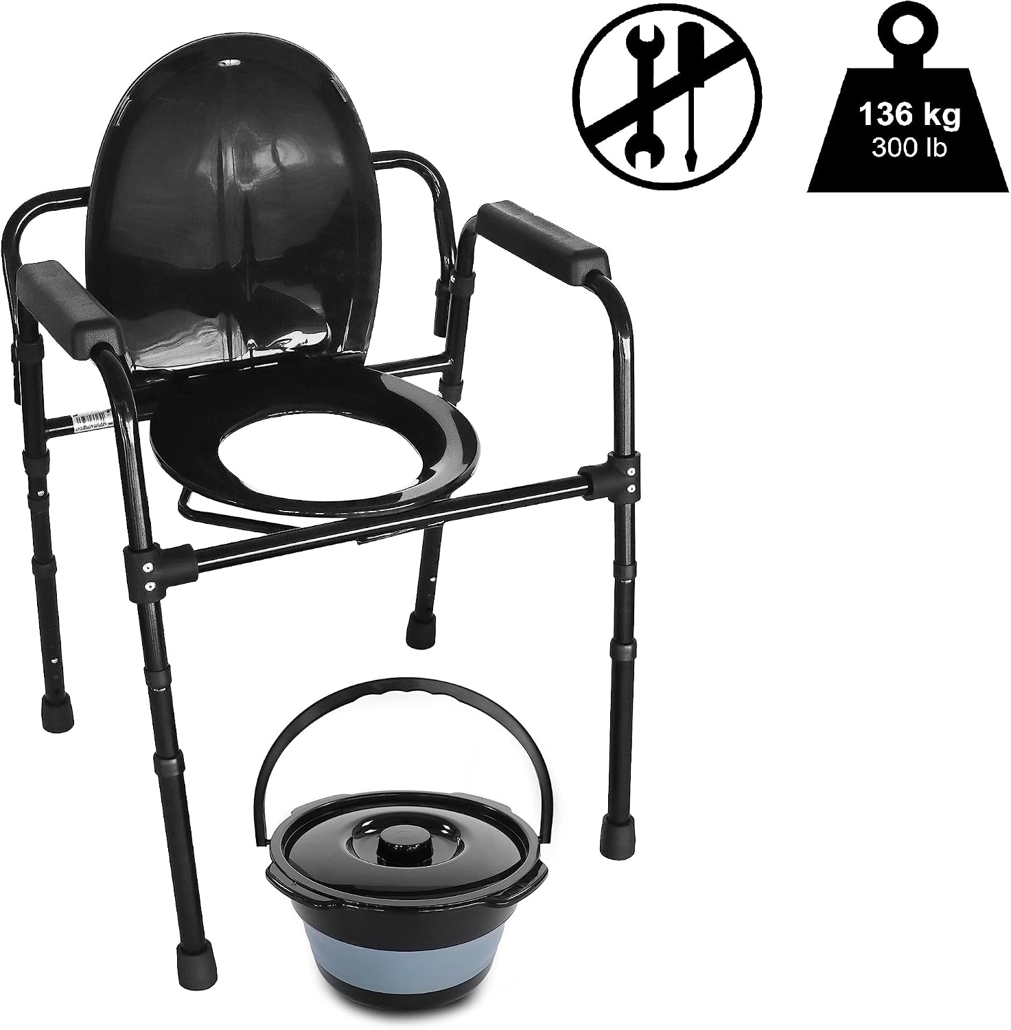 Chaise Percée Adulte, Pot de Chambre Intégré, Chaise Toilette Médicale Réglable avec Accoudoirs, Personne Âgée Handicapé, Noir
