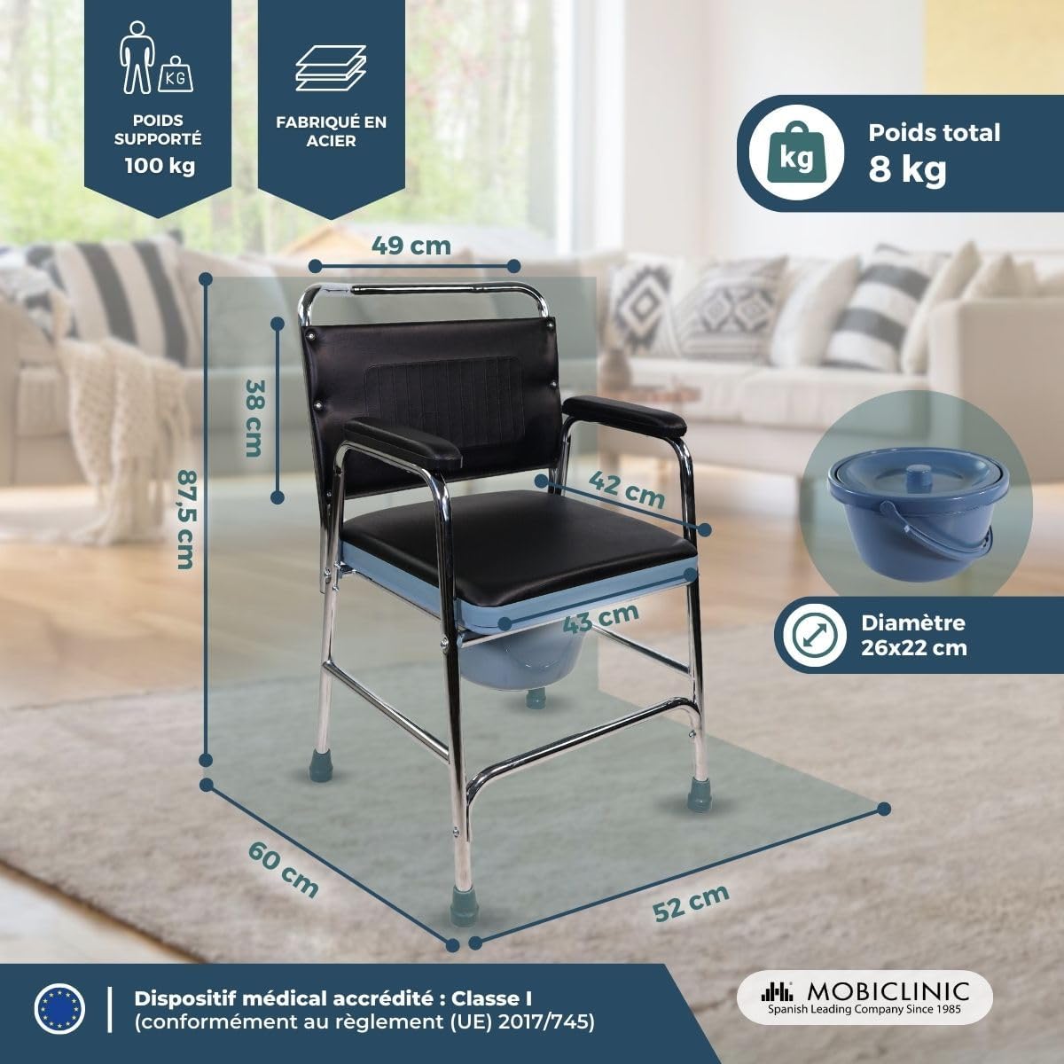 ® Chaise percée, Mod - velero, Marque européenne, Toilette avec Couvercle, Pieds antidérapants, Siège et accoudoirs rembourrés, Acier