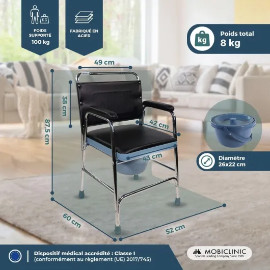 ® Chaise percée, Mod - velero, Marque européenne, Toilette avec Couvercle, Pieds antidérapants, Siège et accoudoirs rembourrés, Acier