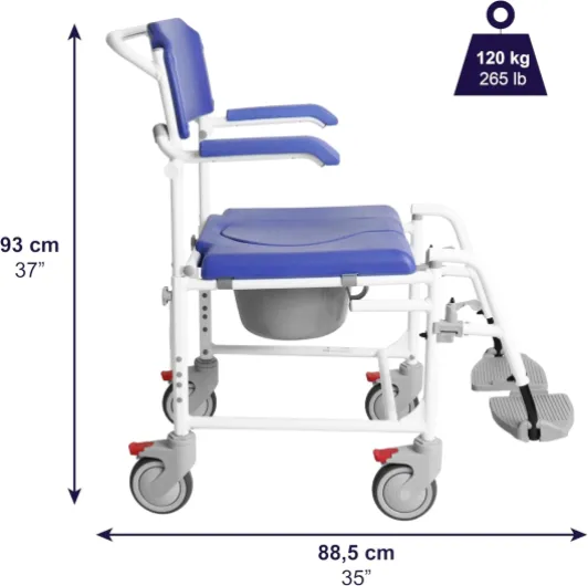 Chaise Percée Adulte à Roulettes (Freins Améliorés), Siège Toilette et Douche avec Pot Amovible, Chaise Roulante Handicapé, Bleu - Modèle PRO