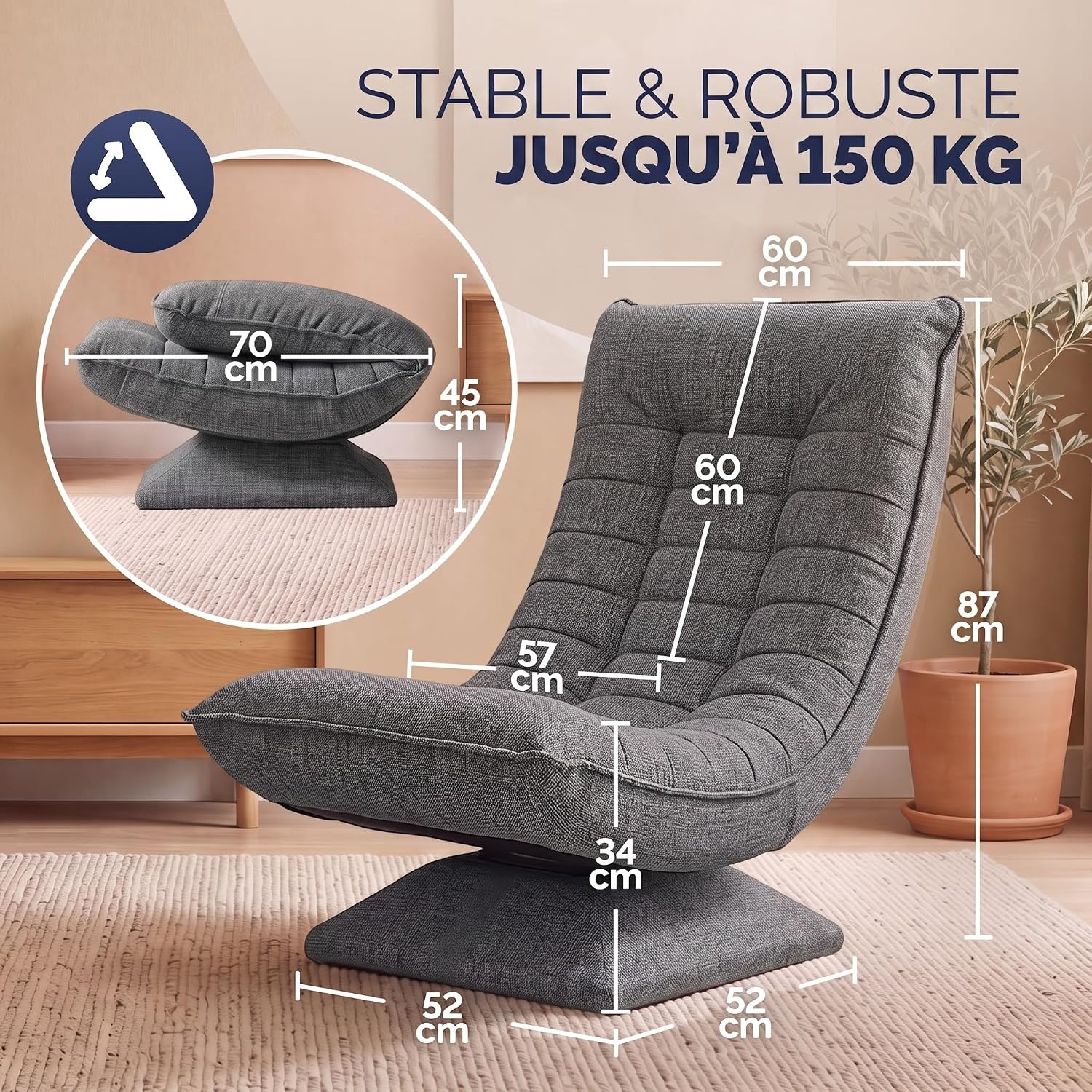 Fauteuil Tout Confort pivotant 360 degrés Gris - capacité de charge de 150 kg siège de gaming 58 x 57 x 84/87 cm relaxation