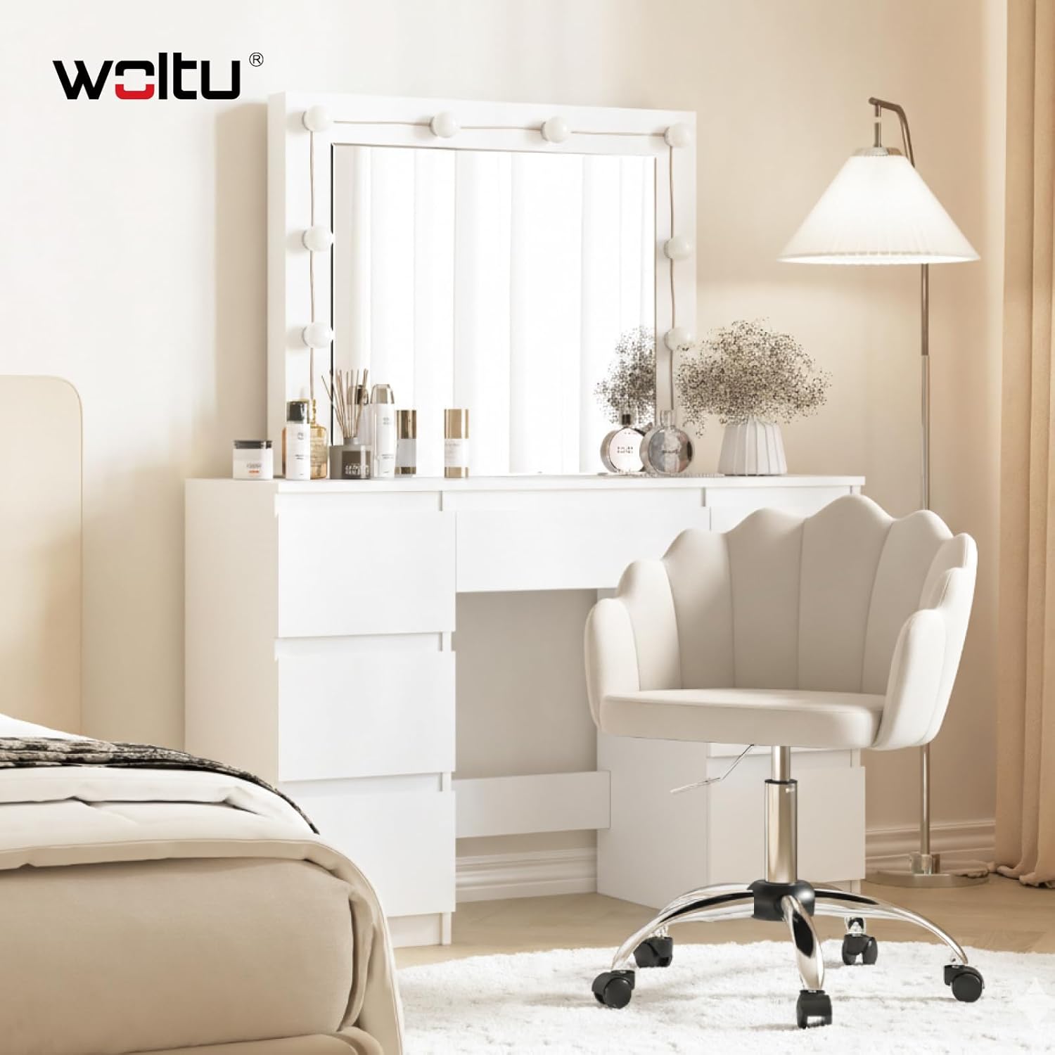 Chaise Bureau, Chaise Coiffeuse, Design Pétale, Velours, Beige - Dossier en Pétale, Ergonomique, Pivotant, Hauteur Réglable, Cadre en Métal, Reglable en hauteur, Pivotant à 360 Beige Velours