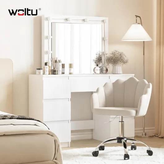 Chaise Bureau, Chaise Coiffeuse, Design Pétale, Velours, Beige - Dossier en Pétale, Ergonomique, Pivotant, Hauteur Réglable, Cadre en Métal, Reglable en hauteur, Pivotant à 360 Beige Velours