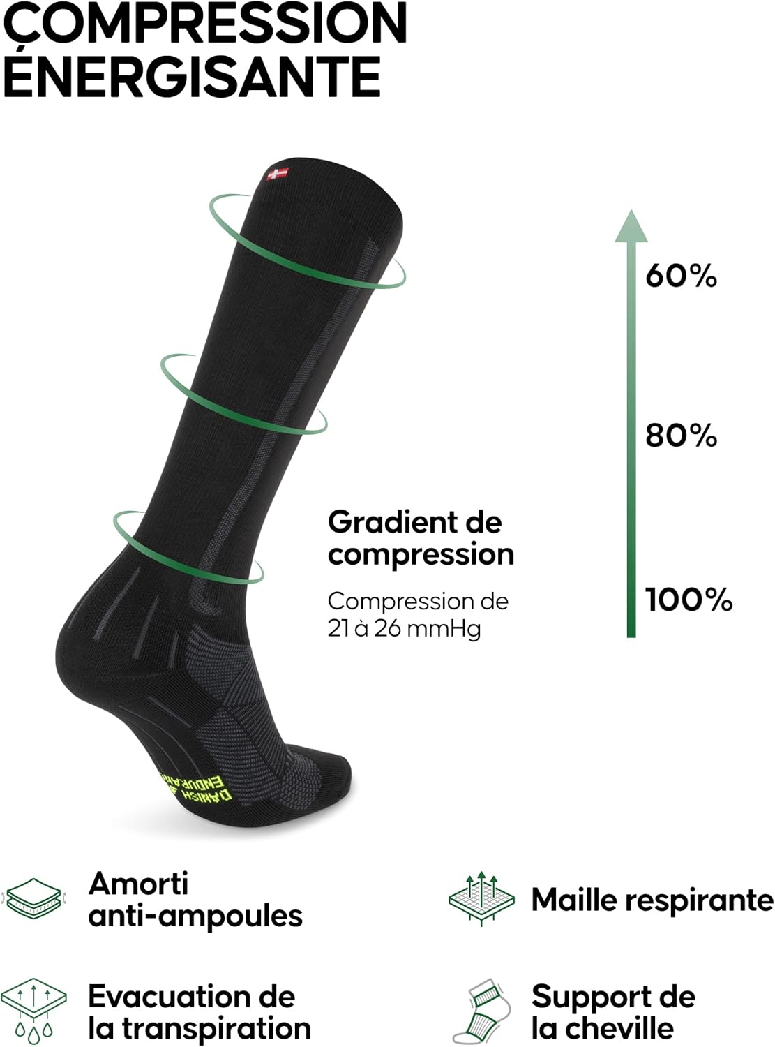 Chaussettes de Compression, 21-26 mmHg, Lot de 1 ou 2 - Chaussettes de Compression, 21-26 mmHg, Compression Graduée pour la Course, le Sport et les Voyages, Unisexe 43-47 Noir/Gris